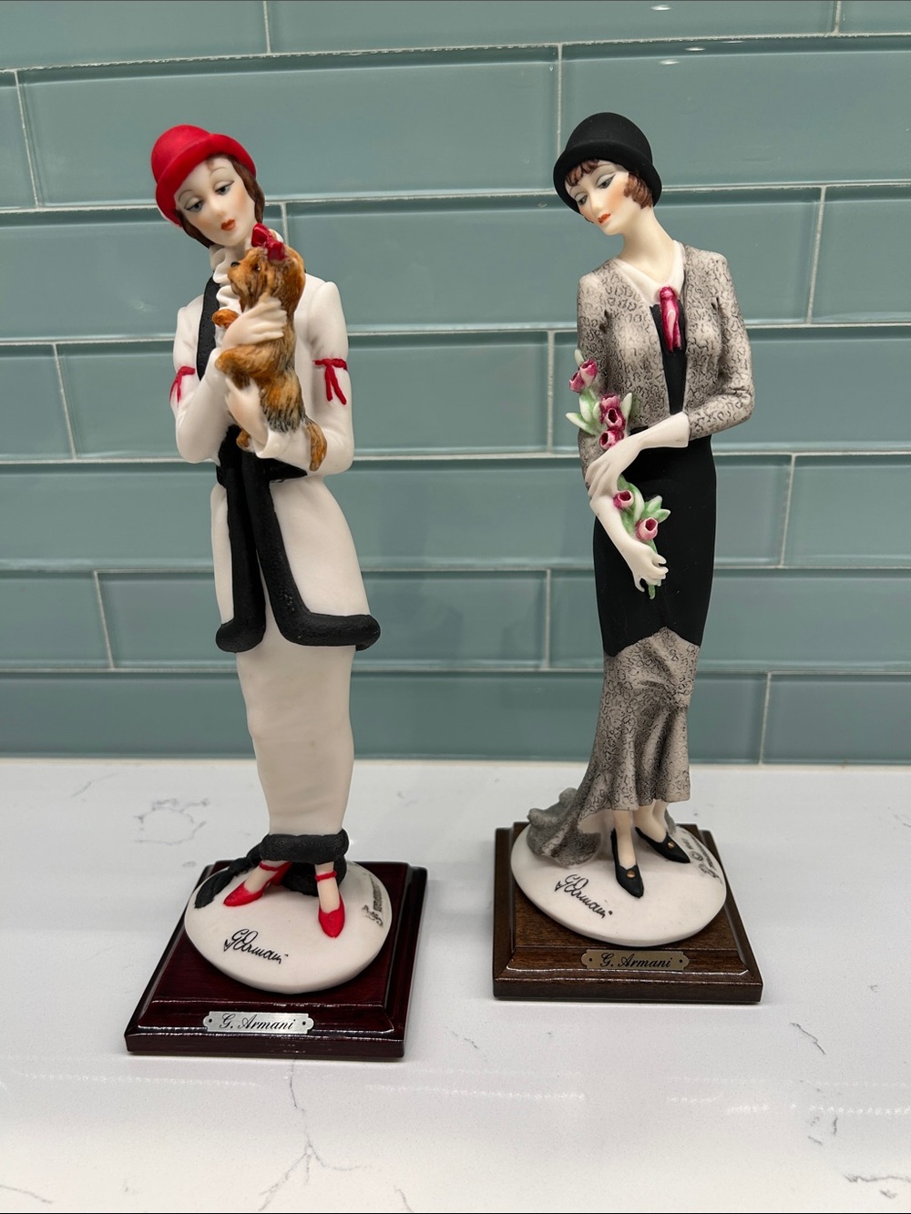 G. Armani 1987 Resin 10” Figurine Pair Featuring Red and Black Accents